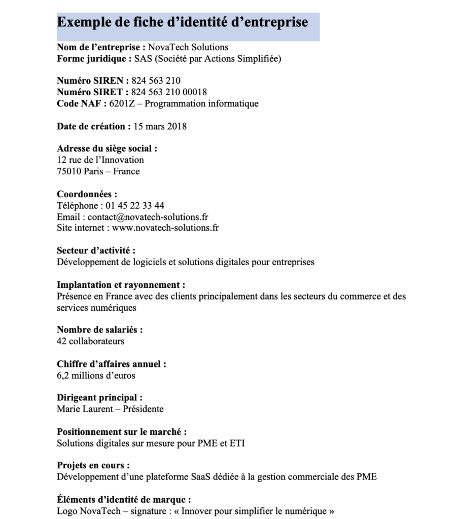 exemple Fiche d’identité entreprise 